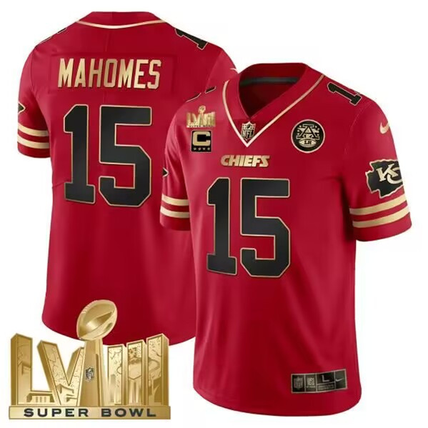 Men's Kansas City Chiefs #15 Patrick Mahomes Red With Gold Super Bowl LVIII Patch And 4-Star C Patch Vapor Untouchable Limited Stitched Football Jersey